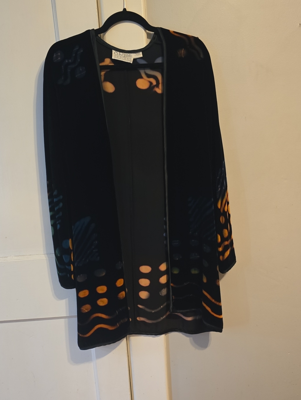 Black Velvet Open Front Jacket with Orange & Teal Accents